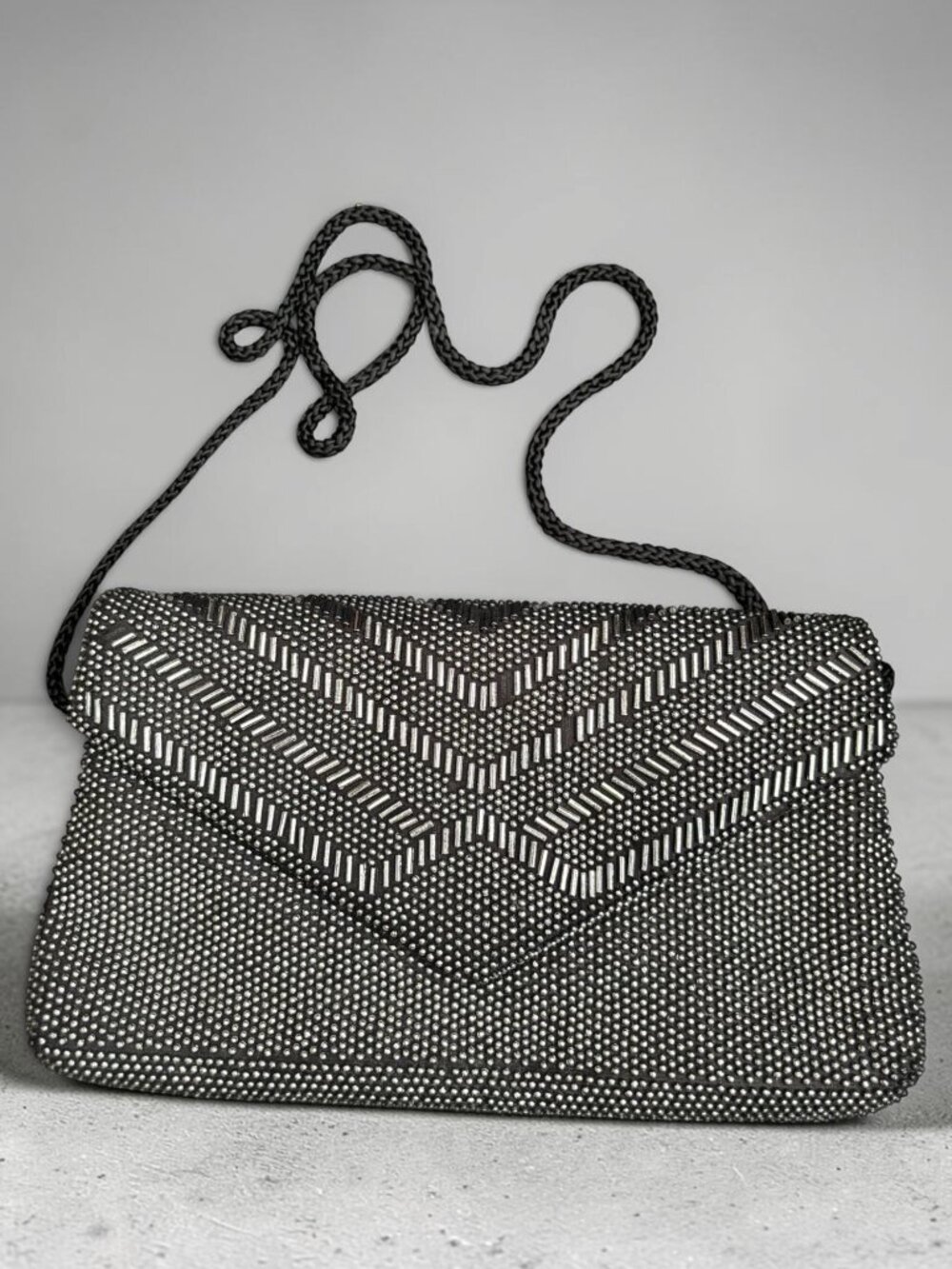 Black Beaded Chevron Clutch Bag With Braided Strap & Magnetic Closure Made In Ch